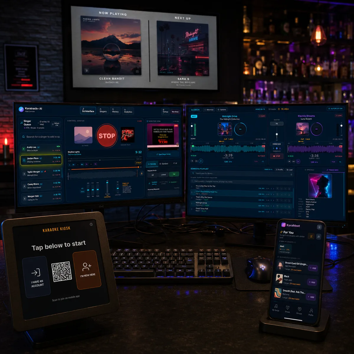 Karatrack karaoke hosting setup in dark mode — KJ console, DJ deck, kiosk, and the Karameet mobile app