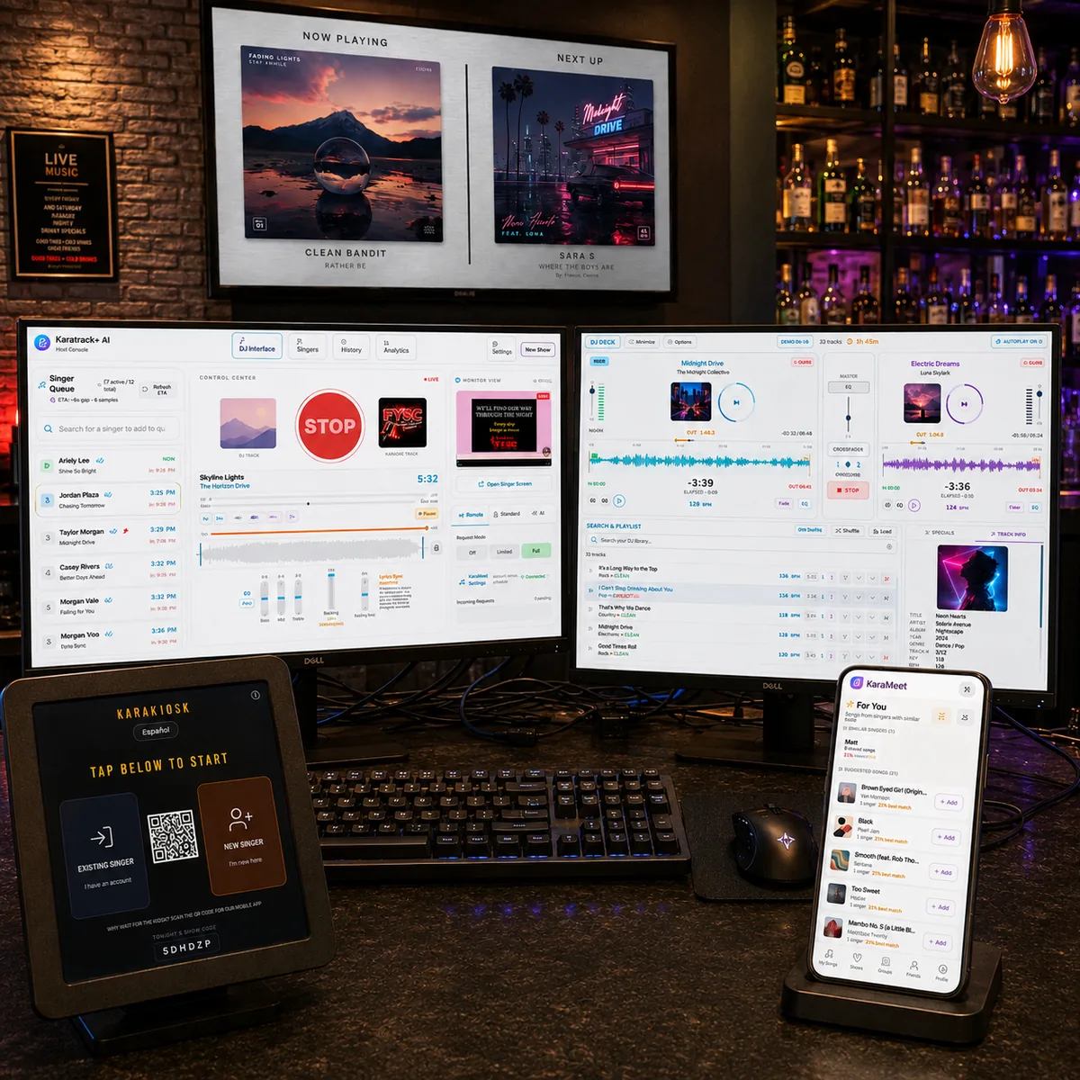 Karatrack karaoke hosting setup in light mode — KJ console, DJ deck, kiosk, and the Karameet mobile app