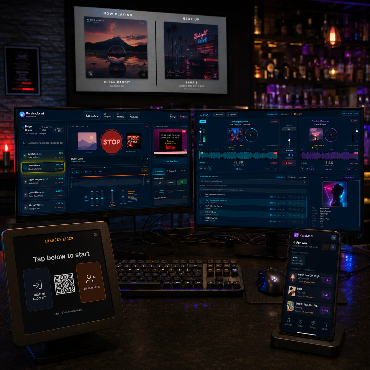 Karatrack karaoke hosting setup — KJ console, DJ deck, kiosk, and the Karameet mobile app