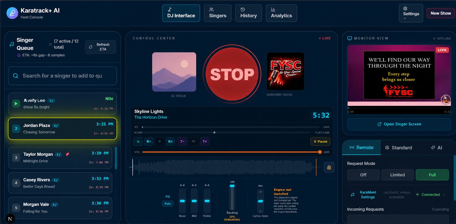 The Karatrack+ AI host console running a live karaoke show